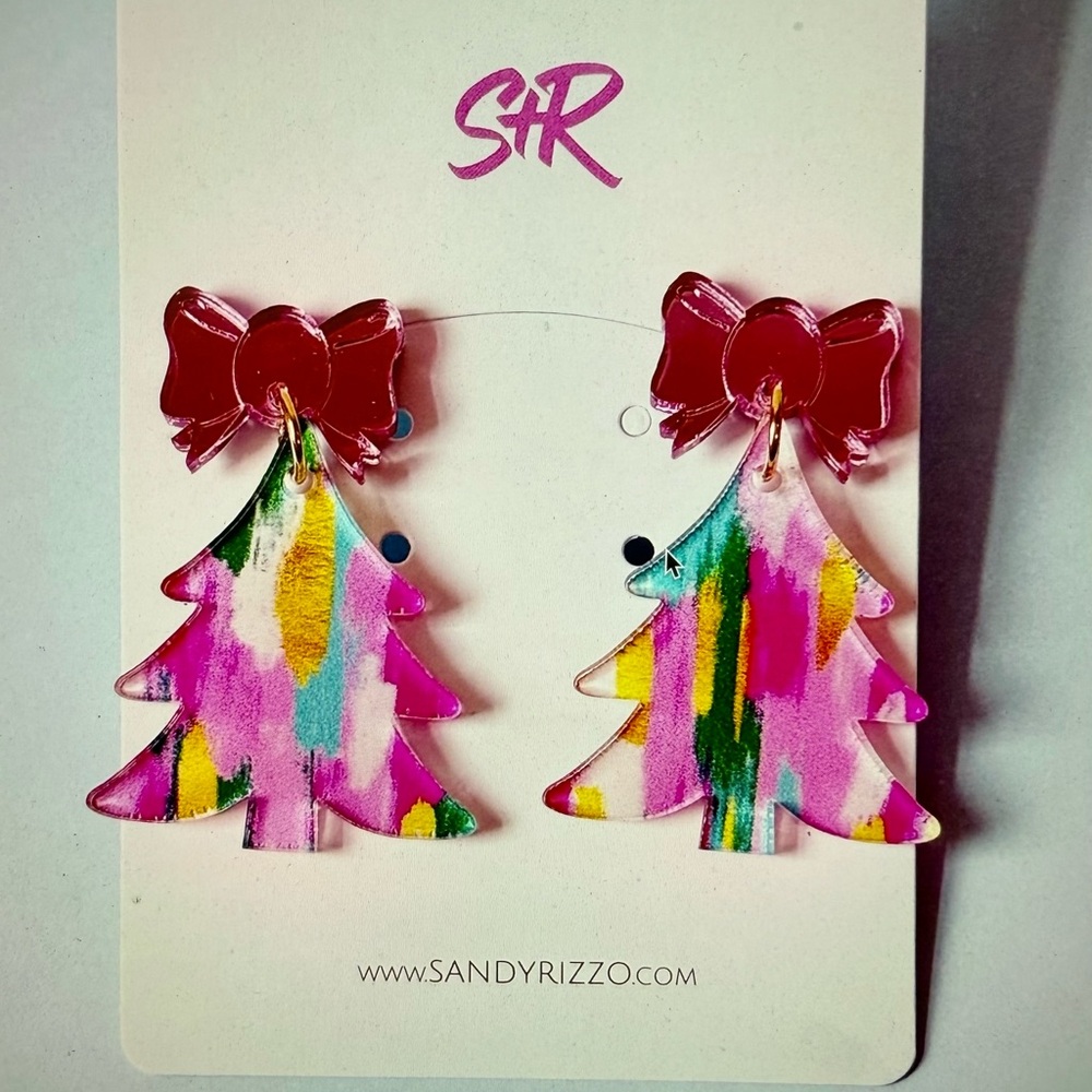 Colorful Christmas Tree Earrings with Red Bow